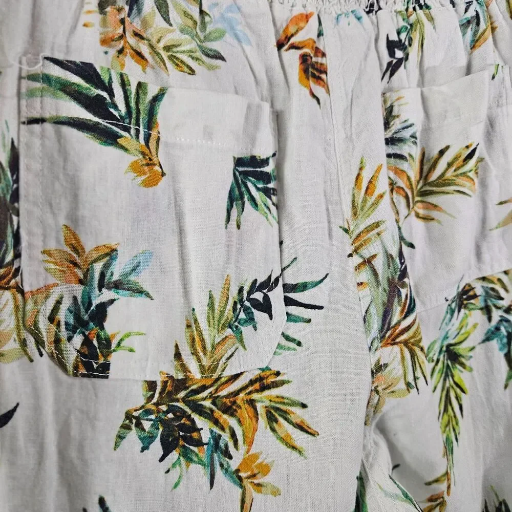 New Westbound XL Linen Blend Pants Hawaiian Print Wide Leg Flowy Shirred Waist